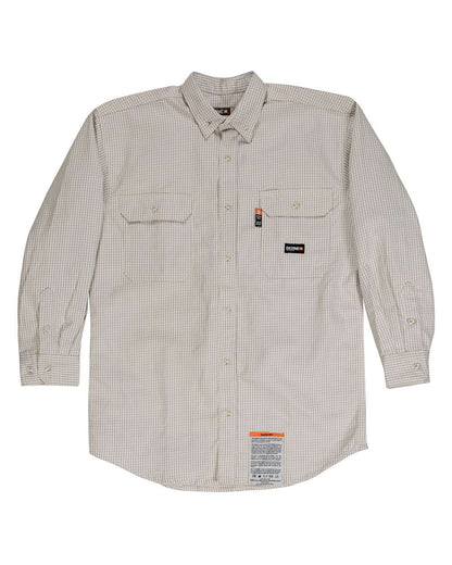 Berne Apparel Men's Tall Flame-Resistant Down Plaid Work Shirt FRSH21T #color_Khaki