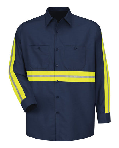 Red Kap Men's Tall Industrial Enhanced-Visibility Long Sleeve Work Shirt SP14ET #color_Navy/ Yellow Trim