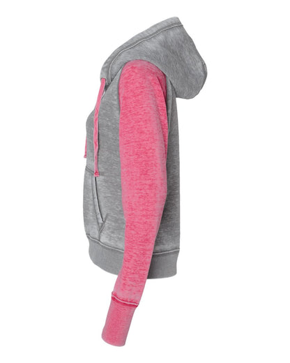 J. America Women's Zen Fleece Raglan Hooded Sweatshirt 8926 #color_Cement/ Wildberry