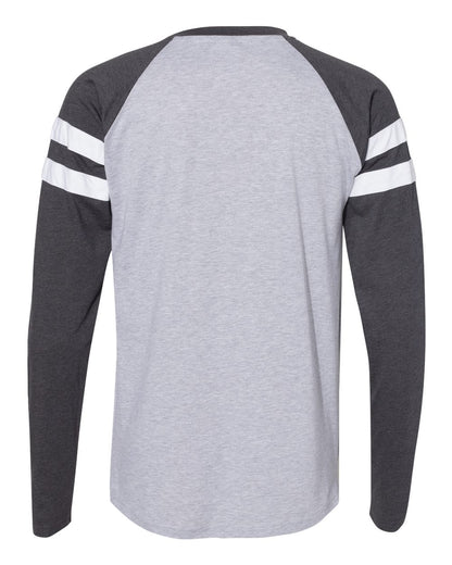 LAT Unisex Fine Jersey Mash Up Long Sleeve Tee 6934 #color_Vintage Heather/ Vintage Navy