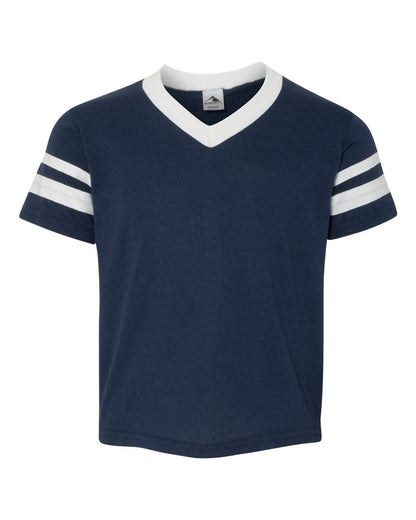 Augusta Sportswear Youth V-Neck Jersey with Striped Sleeves 361 #color_Navy/ White