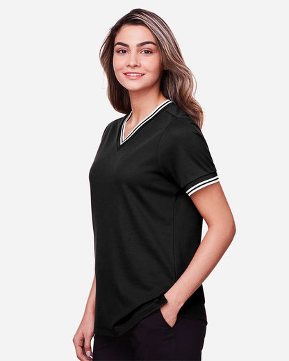 Devon & Jones Women's CrownLux Performance® Plaited Tipped V-Neck Shirt DG20CW #colormdl_Black/ White