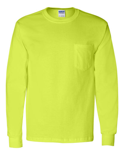 Gildan Unisex Ultra Cotton® Long Sleeve Pocket T-Shirt 2410 #color_Safety Green
