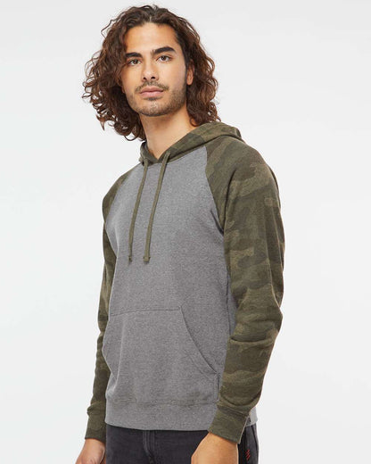 Independent Trading Co. Special Blend Raglan Hooded Sweatshirt PRM33SBP #colormdl_Nickel Heather/ Forest Camo