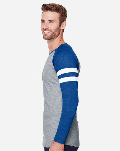 LAT Unisex Fine Jersey Mash Up Long Sleeve Tee 6934 #colormdl_Vintage Heather/ Vintage Royal