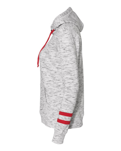 J. America Women’s Mélange Fleece Striped-Sleeve Hooded Sweatshirt 8674 #color_White/ Red