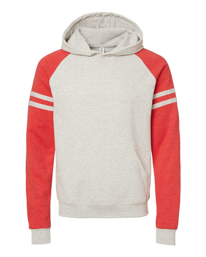 JERZEES Unisex Nublend® Varsity Colorblocked Raglan Hooded Sweatshirt 97CR #color_Oatmeal Heather/ Fiery Red Heather
