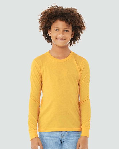 BELLA + CANVAS Youth Heather CVC Long Sleeve Tee 3501YCVC #colormdl_Heather Yellow Gold