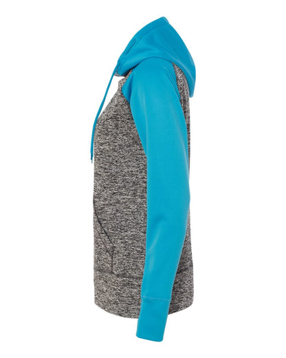 J. America Women’s Colorblocked Cosmic Fleece Hooded Sweatshirt 8618 #color_Charcoal Fleck/ Electric Blue