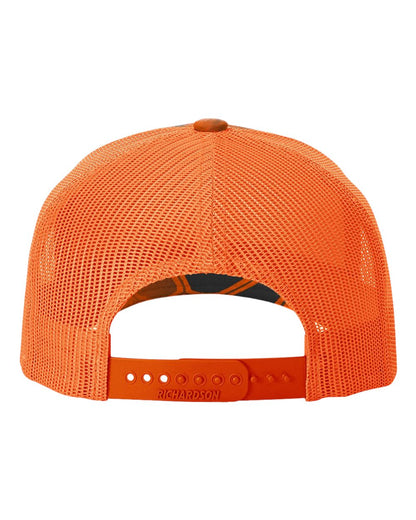 Richardson Five-Panel Printed Trucker Cap 112PFP #color_Kryptek Inferno/ Blaze Orange
