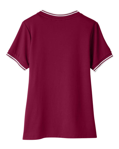 Devon & Jones Women's CrownLux Performance® Plaited Tipped V-Neck Shirt DG20CW #color_Burgundy/ White