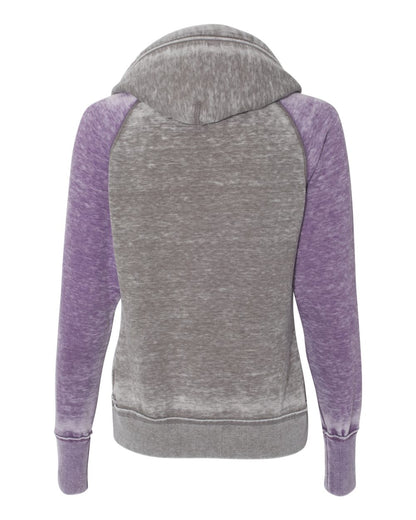 J. America Women's Zen Fleece Raglan Hooded Sweatshirt 8926 #color_Cement/ Very Berry