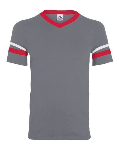 Augusta Sportswear Youth V-Neck Jersey with Striped Sleeves 361 #color_Graphite/ Red/ White