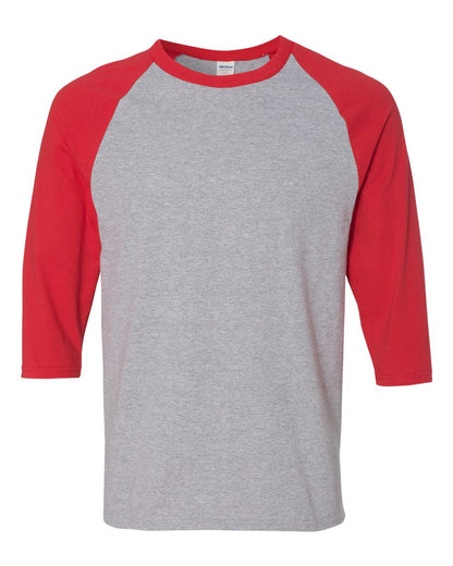 Gildan Unisex Heavy Cotton™ Raglan Three-Quarter Sleeve T-Shirt 5700 #color_Sport Grey/ Red