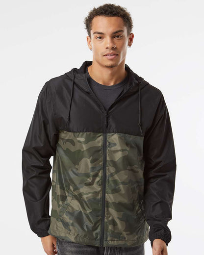 Independent Trading Co. Men's Lightweight Windbreaker Full-Zip Jacket EXP54LWZ #colormdl_Black/ Forest Camo