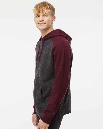 Independent Trading Co. Unisex Raglan Hooded Sweatshirt IND40RP #colormdl_Charcoal Heather/ Burgundy Heather