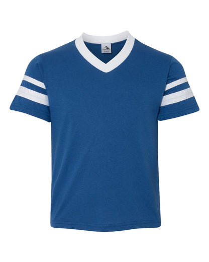 Augusta Sportswear Youth V-Neck Jersey with Striped Sleeves 361 #color_Royal/ White