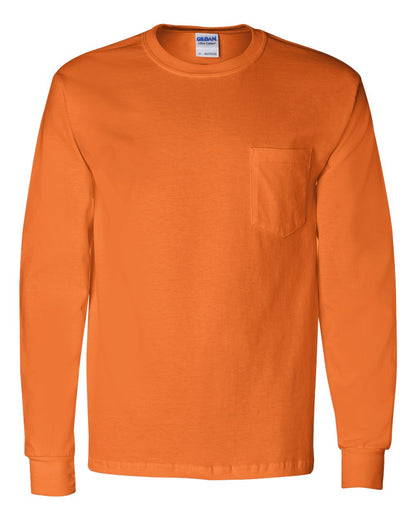 Gildan Unisex Ultra Cotton® Long Sleeve Pocket T-Shirt 2410 #color_Safety Orange