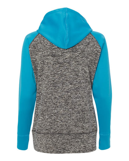 J. America Women’s Colorblocked Cosmic Fleece Hooded Sweatshirt 8618 #color_Charcoal Fleck/ Electric Blue