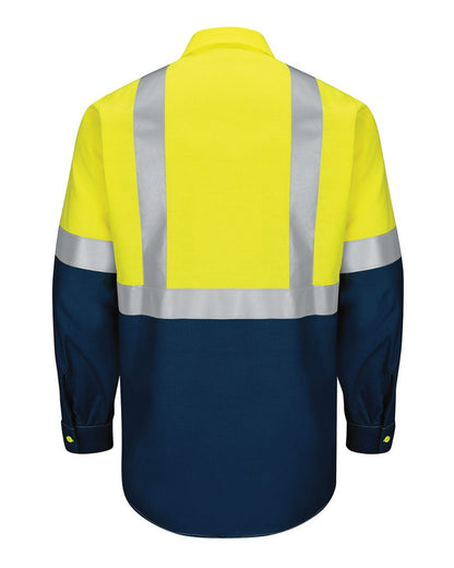 Red Kap Men's Tall Enhanced & Hi-Visibility Long Sleeve Work Shirt SY14T #color_Fluorescent Yellow/ Green/ Navy
