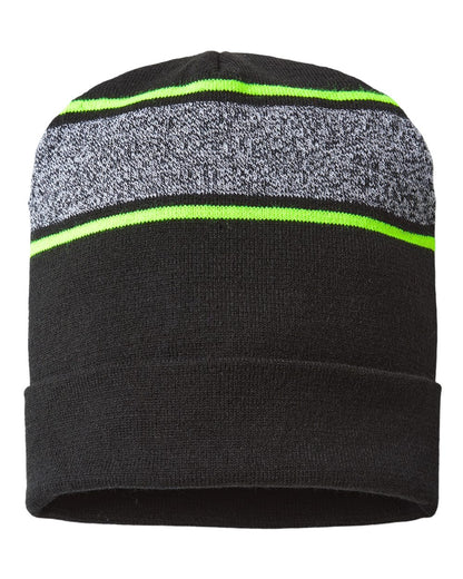 CAP AMERICA USA-Made Variegated Striped Cuffed Beanie RKV12 #color_Black/ Neon Yellow