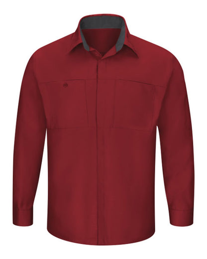 Red Kap Men's Performance Plus Long Sleeve Shirt with OilBlok Technology SY32 #color_Fireball Red/ Charcoal