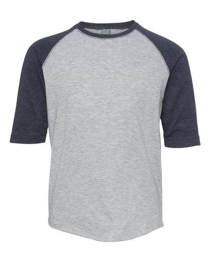 LAT Youth Baseball Fine Jersey Three-Quarter Sleeve Tee 6130 #color_Vintage Heather/ Vintage Navy