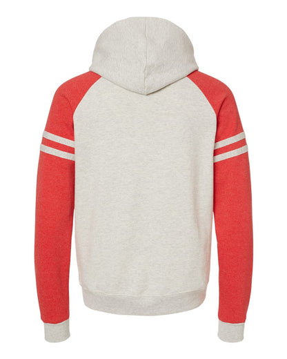 JERZEES Unisex Nublend® Varsity Colorblocked Raglan Hooded Sweatshirt 97CR #color_Oatmeal Heather/ Fiery Red Heather