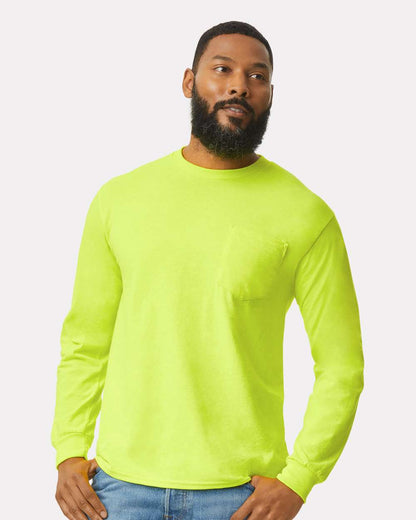 Gildan Unisex Ultra Cotton® Long Sleeve Pocket T-Shirt 2410 #colormdl_Safety Green