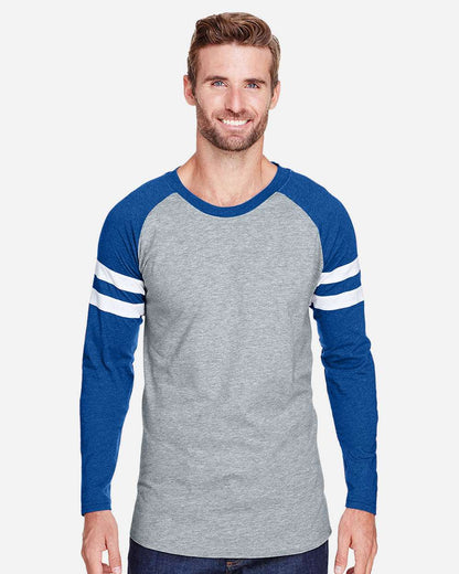 LAT Unisex Fine Jersey Mash Up Long Sleeve Tee 6934 #colormdl_Vintage Heather/ Vintage Royal
