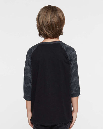 LAT Youth Baseball Fine Jersey Three-Quarter Sleeve Tee 6130 #colormdl_Black/ Storm Camo