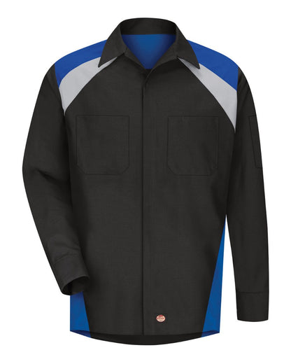 Red Kap Men's Tall Long Sleeve Tri-Color Shop Shirt SY18T #color_Black/ Royal Blue/ Light Grey
