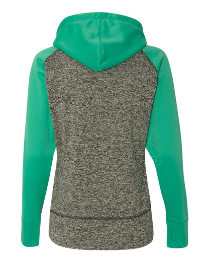 J. America Women’s Colorblocked Cosmic Fleece Hooded Sweatshirt 8618 #color_Charcoal Fleck/ Emerald