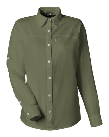 HUK Women's Tide Point Long Sleeve Shirt H615006 #color_Moss