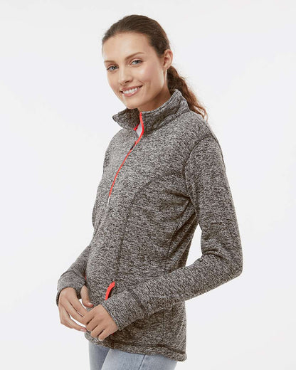 J. America Women's Cosmic Fleece Quarter-Zip Pullover 8617 #colormdl_Charcoal Fleck/ Fire Coral