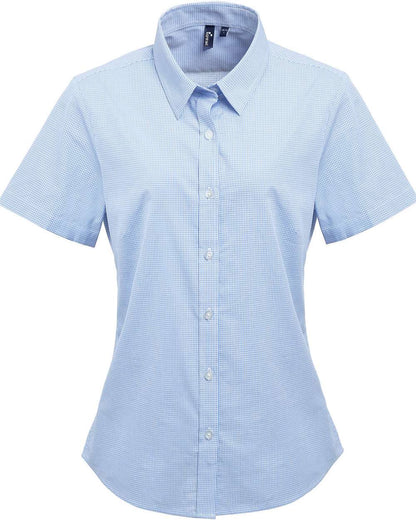 Artisan Collection by Reprime Women's Microcheck Gingham Short Sleeve Cotton Dress Shirt RP321 #color_Light Blue/ White