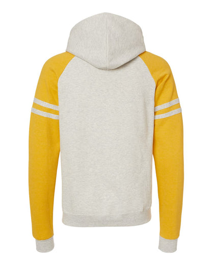 JERZEES Unisex Nublend® Varsity Colorblocked Raglan Hooded Sweatshirt 97CR #color_Oatmeal Heather/ Mustard Heather