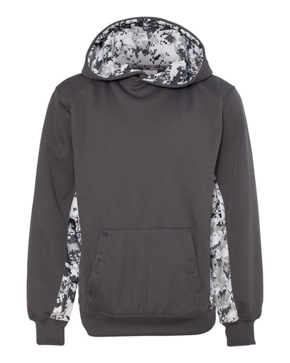 Badger Youth Digital Camo Colorblock Performance Fleece Hooded Sweatshirt 2464 #color_Graphite/ White