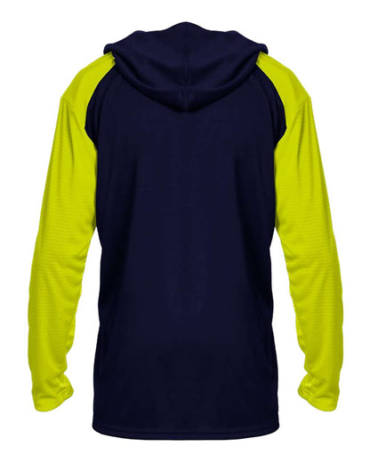 Badger Men's Breakout Hooded Long Sleeve T-Shirt 4235 #color_Navy/ Safety Yellow