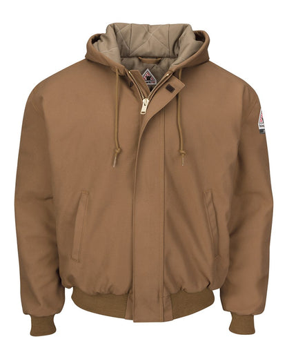 Bulwark Men's Tall Insulated Brown Duck Hooded Jacket with Knit Trim JLH6T #color_Brown Duck