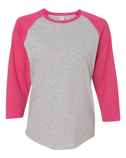 LAT Women's Baseball Fine Jersey Three-Quarter Sleeve Tee 3530 #color_Vintage Heather/ Vintage Hot Pink
