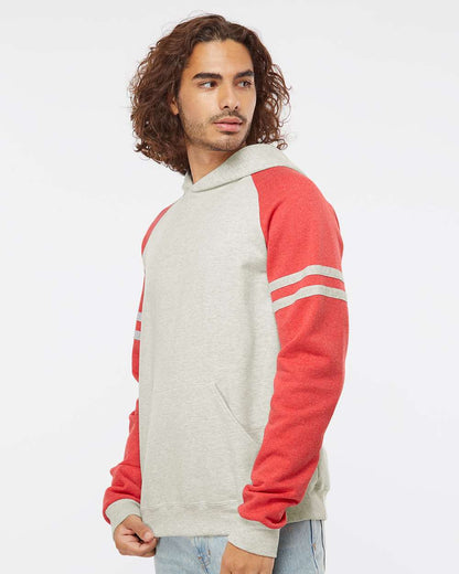 JERZEES Unisex Nublend® Varsity Colorblocked Raglan Hooded Sweatshirt 97CR #colormdl_Oatmeal Heather/ Fiery Red Heather