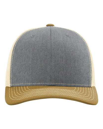 Richardson Snapback Trucker Cap 112 #color_Heather Grey/ Birch/ Amber Gold