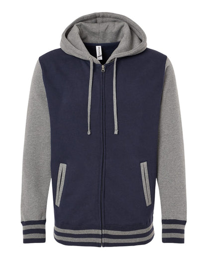 Independent Trading Co. Heavyweight Varsity Full-Zip Hooded Sweatshirt IND45UVZ #color_Classic Navy/ Gunmetal Heather