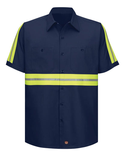 Red Kap Men's Enhanced Visibility Short Sleeve Cotton Work Shirt SC40E #color_Navy/ Yellow Trim
