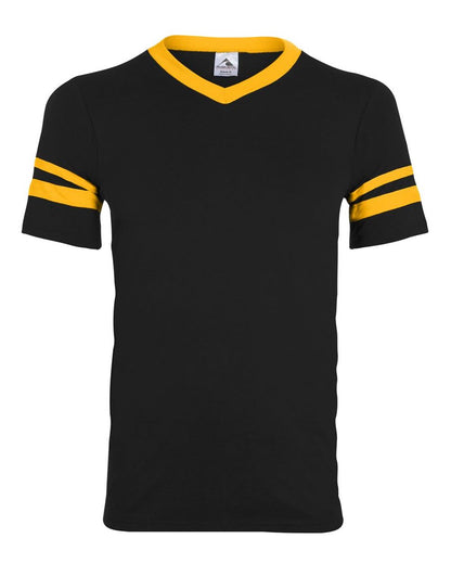 Augusta Sportswear V-Neck Jersey with Striped Sleeves 360 #color_Black/ Gold