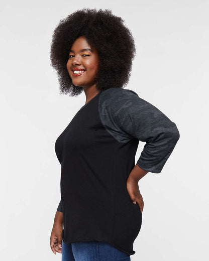 LAT Women's Baseball Fine Jersey Three-Quarter Sleeve Tee 3530 #colormdl_Black/ Storm Camo