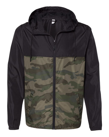 Independent Trading Co. Lightweight Windbreaker Full-Zip Jacket EXP54LWZ #color_Black/ Forest Camo