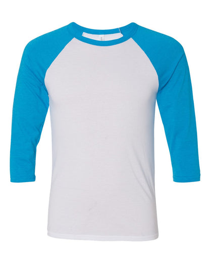 BELLA + CANVAS Three-Quarter Sleeve Baseball Tee 3200 #color_White/ Neon Blue