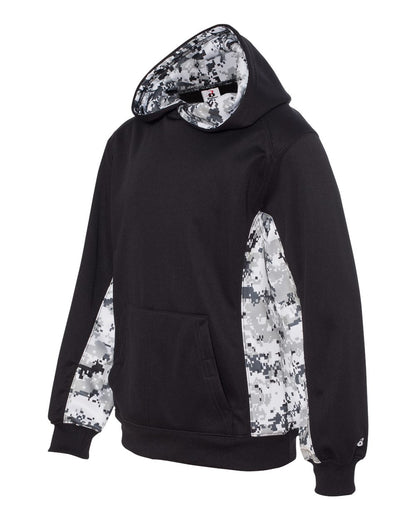 Badger Youth Digital Camo Colorblock Performance Fleece Hooded Sweatshirt 2464 #color_Black/ White